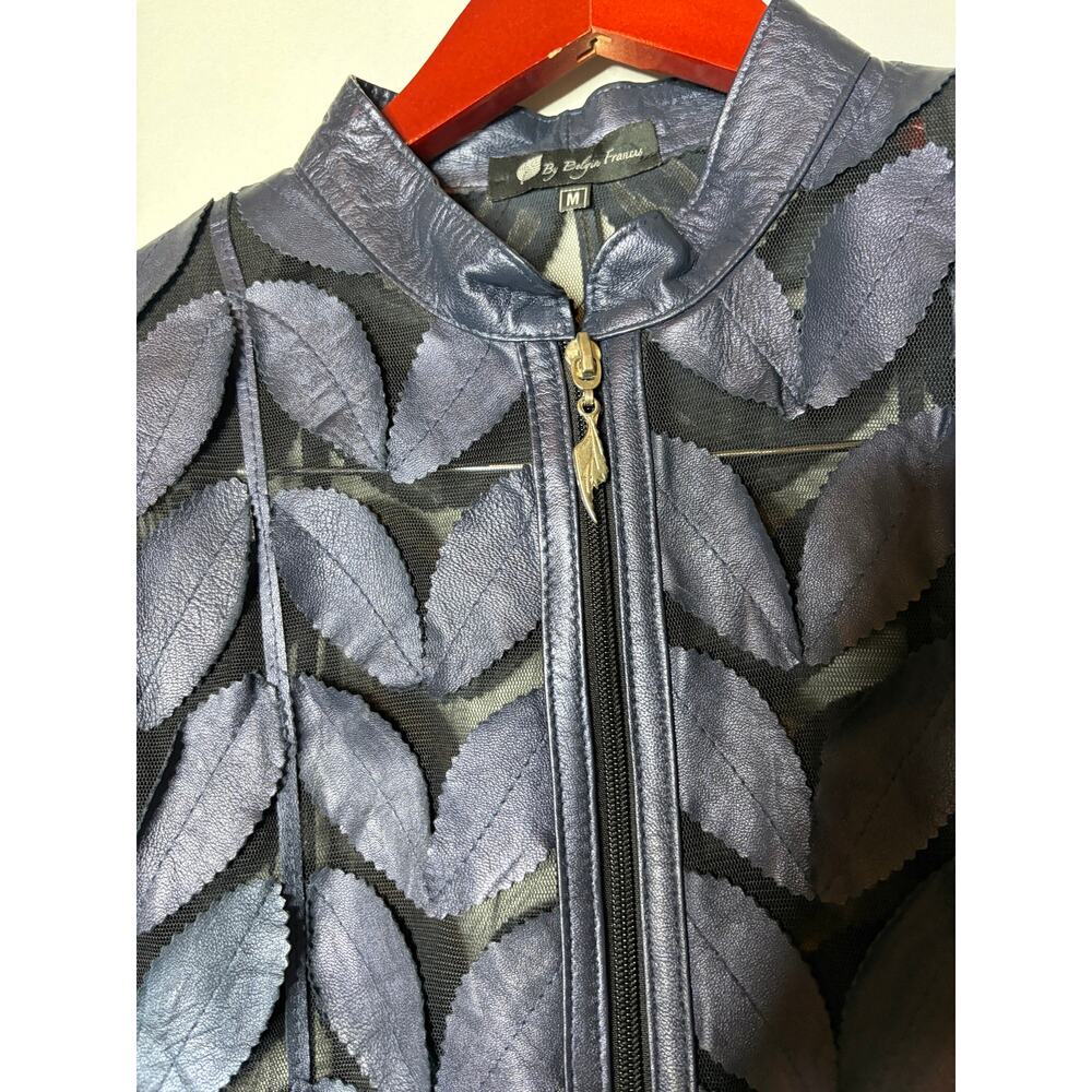 By Belgin Francis Navy blue Leather Leaf Jacket sz M - Picture 4 of 9